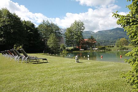 Gelände in der Hausgalerie von der Sommerreise der Ferienanlage Forellenhof in Kärnten in Österreich am Faaker See.